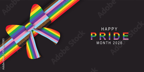 Happy Pride Month 2026 Background with Colorful bow and Bright Pride Month Geometric. set of Gay and LGBT banner, poster, card wallpaper design for Gay Pride Month.