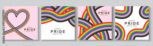Happy Pride Month 2026 Background with Colorful bow and Bright Pride Month Geometric. set of Gay and LGBT banner, poster, card wallpaper design for Gay Pride Month.