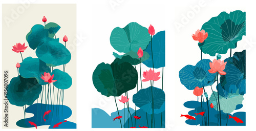Korean Traditional Lotus Flower and Koi Fish Illustration in Minimalist Style