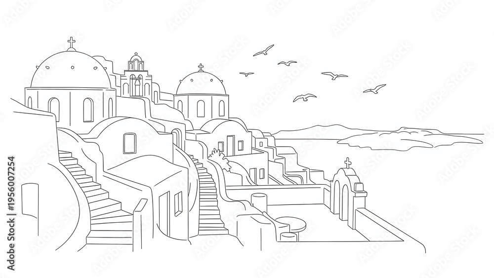 Naklejka premium Minimalist Line Art Illustration of Santorini Greece Scenery with Iconic Blue Dome Churches and Sea View
