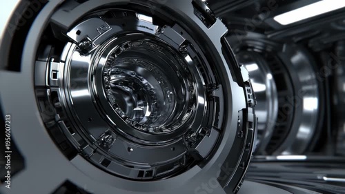 Intricate Metallic Circular Design in a Futuristic Sci-Fi Environment with Reflective Surfaces and Dynamic Lighting
