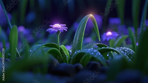 Delicate Purple Bloom Amidst Lush Green Leaves with Dewdrops in a Magical Forest Setting