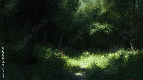 Sunlit Glade in Dense Forest with Bright Green Grass and Vibrant Red Flowers Surrounded by Trees