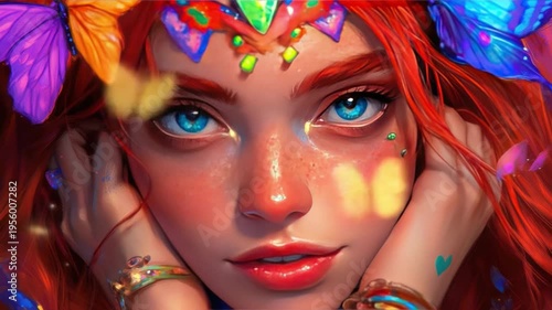 Enchanting Portrait of a Young Woman with Bright Blue Eyes Surrounded by Colorful Butterflies and Jewels