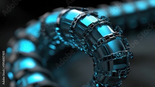 Intricate Close-up of Futuristic Metallic Pipe with Blue Neon Glow and Detailed Textures in a 3D Environment
