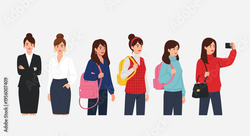 Young woman character poses set for business and lifestyle flat vector illustration collection