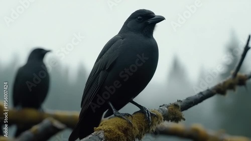 Black bird perched on branch in misty forest with soft focus background of trees and natural landscape