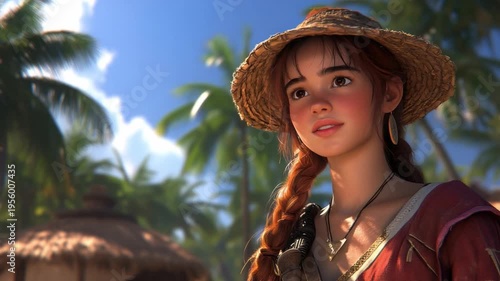 Young woman in straw hat enjoying the tropical sun with lush greenery and palm trees in serene beach environment