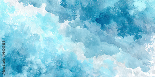 Abstract watercolour texture of a clear sky and fluffy clouds. the scene is a blend of serene blues.