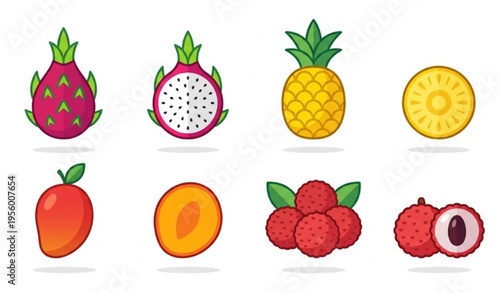 Flat Design Exotic Fruits Set – Tropical Organic Food Icons Collection