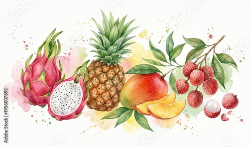 Hand Drawn Exotic Fruit Set Watercolor Style – Tropical Healthy Food Illustration