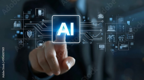 AI futuristic technology transformation concept. AI chip in hand while work with laptop computer. Artificial intelligence innovation and global online network connection for access to digital service.