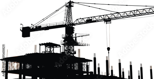 Construction crane silhouette at building site, industrial machinery development, architectural project structure, heavy equipment for urban growth, civil engineering property development.