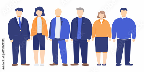 Diverse group of people standing in a row illustrated in a flat style