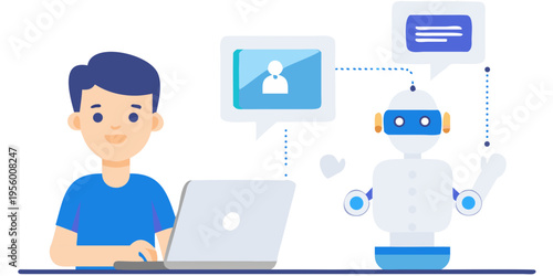 Human interacting with a robot via communication bubbles and a laptop