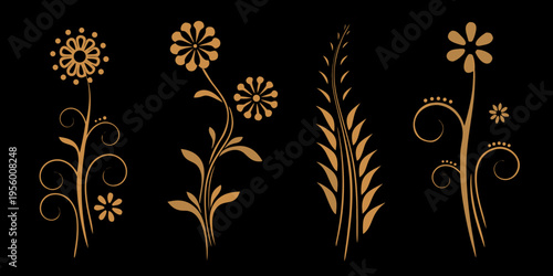 Elegant floral arrangement with golden flowers and swirling stems on black
