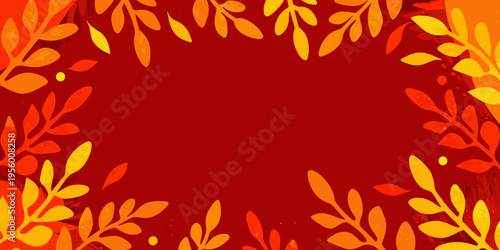 Abstract autumnal foliage border against a vibrant red background