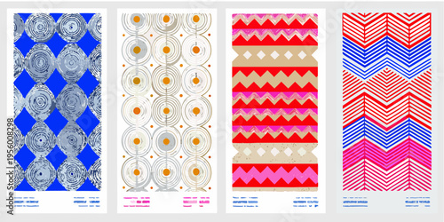 Four vertically arranged patterned panels with varying geometric designs