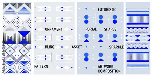 Abstract geometric patterns and shapes in shades of white and blue