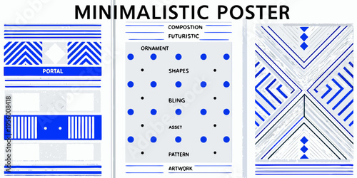 A collection of three minimalist geometric blue toned digital art posters