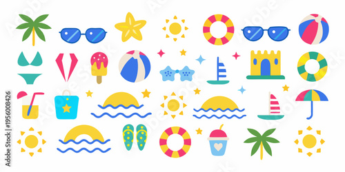 Colorful summer icons and illustrations arranged in a playful pattern