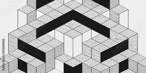 Abstract geometric pattern of interlocking black and white cuboids