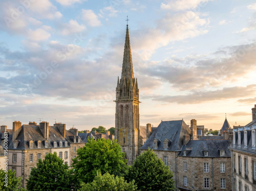 Panoramic view of a historic European city skyline with a prominent church spire at sunset.