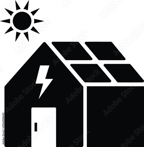 Minimalist solar powered house icon representing renewable energy efficiency and sustainable home electricity for green lifestyle concepts.