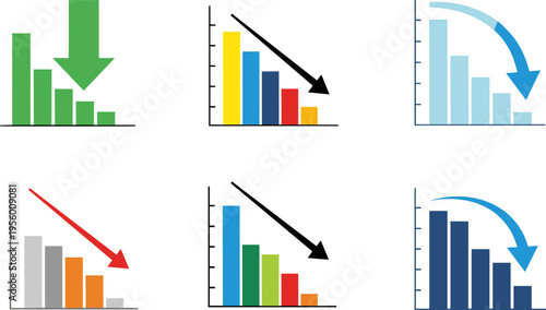 Declining Business Graph Icon Set with Downward Arrows, Falling Bar Charts and Decrease Indicators for Financial Loss and Market Trend Analysis