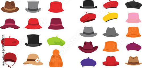 Stylish Hat Icon Set Featuring Berets, Fedora, Bucket, Cowboy, Beanie and Fashion Headwear Collection for Clothing and Accessory Design