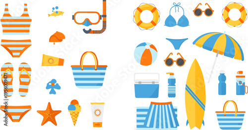 Summer Beachwear Icon Set with Swimsuit, Bikini, Sunglasses, Umbrella, Surfboard and Vacation Accessories for Holiday and Travel Design