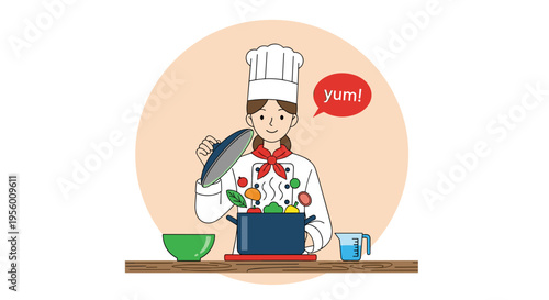 Young chef in uniform thoughtfully considering a fish above a steaming pot of vegetables with a speech bubble saying