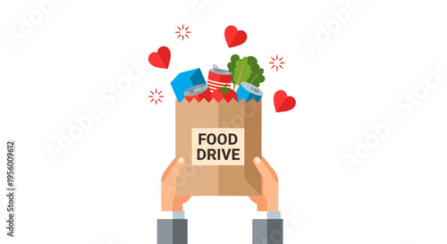Hands holding a brown paper grocery bag filled with food and hearts symbolizing a generous food drive donation