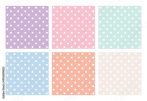Pastel dots grace soft, uniform backgrounds. Each square holds a gentle, repeating pattern. Colors whisper calmness-mint, rose, sky, amber, lavender, peach, cream. Ideal for design, stationery