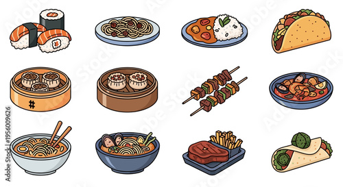 Diverse international cuisine collection with sushi noodles dumplings kebabs tacos and burritos vibrant colors clean
