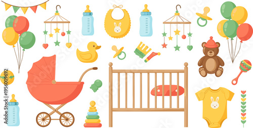 Baby Care and Nursery Icon Set with Crib, Stroller, Bottle, Toys, Clothes and Newborn Essentials for Parenting and Infant Design
