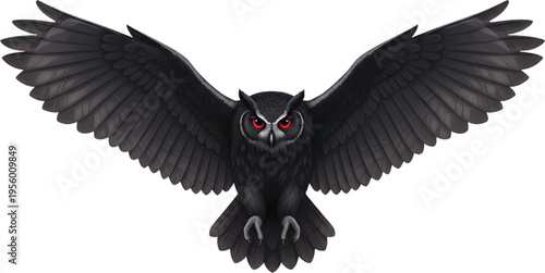 Powerful dark owl illustration with vibrant red eyes, majestic wings spread wide, embodying an intense gaze and the spirit of the night. This striking avian predator represents wisdom and mystery