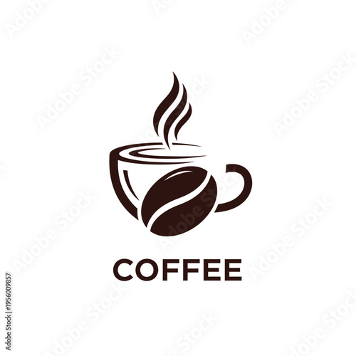A minimalist and elegant coffee logo featuring a steaming cup and a prominent coffee bean, perfect for a cafe, coffee shop, or beverage brand identity