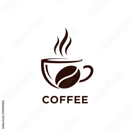Simple and elegant coffee cup logo with steam and a coffee bean