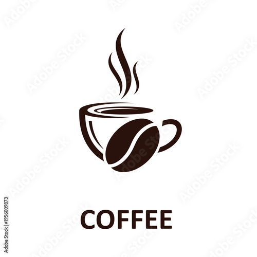 Elegant black and white icon representing a steaming hot cup of coffee with a prominent coffee bean, perfect for cafes, menus, or beverage branding and identity