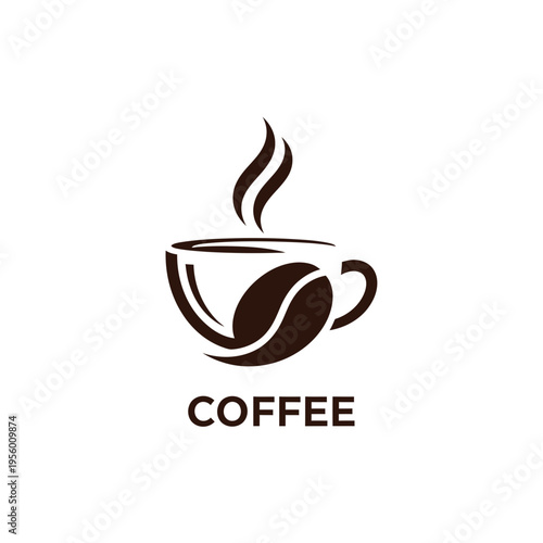 Elegant Minimalist Coffee Cup Icon with Integrated Bean and Steaming Hot Beverage Graphic, Ideal for Cafe Branding or Morning Drink Concepts
