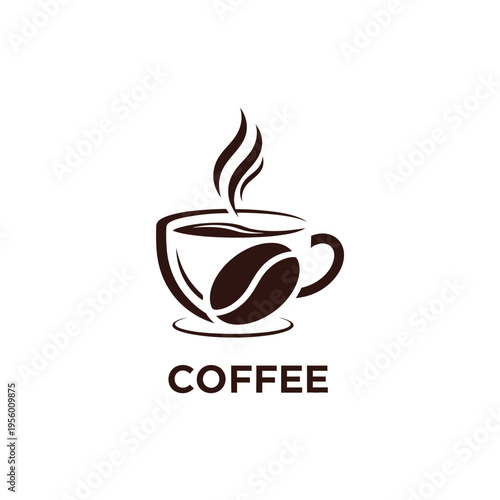 A steaming cup of coffee with a coffee bean inside and the word coffee underneath a minimalist icon representing a beverage
