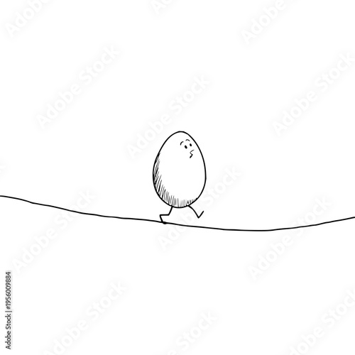 Whimsical hand drawn illustration of an anthropomorphic egg character cautiously walking a tightrope with a worried expression symbolizing risk balance and precarious situations
