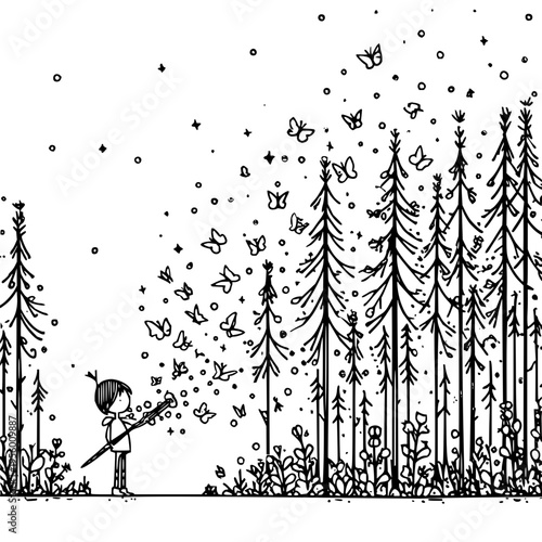 Whimsical child with stick conjures enchanting swarm of delicate butterflies from a magical forest clearing evoking wonder and imagination with tall evergreen trees and lush