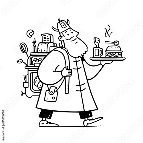 Whimsical viking chef with a backpack and a tray carrying a burger and drink walking with a determined stride in a stylized hand drawn illustration conveying a sense of adventure