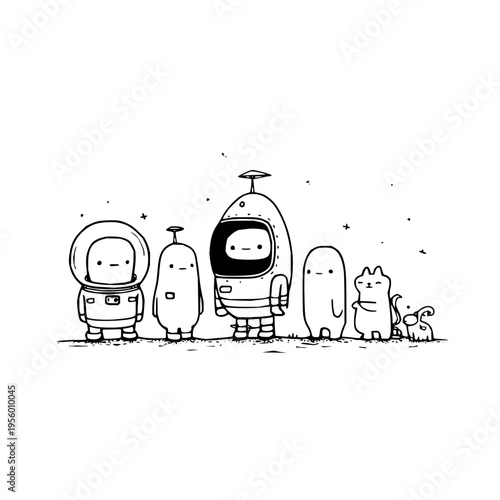 Whimsical hand drawn black and white illustration of a diverse group of cute simple cartoon characters including an astronaut aliens and a cat standing together on a textured