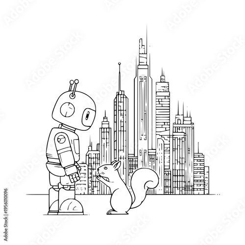 Whimsical line art illustration depicts a friendly retro style robot offering a nut to an adorable squirrel with a fluffy tail set against a backdrop of stylized towering city