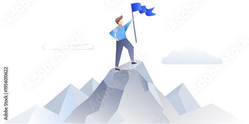 A man stands triumphantly on a mountain peak waving a blue flag
