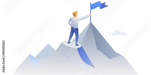 A man stands atop a mountain peak proudly waving a blue flag