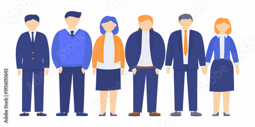 Diverse group of stylized people standing in a row facing forward